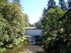 The covered bridge viewed from trail